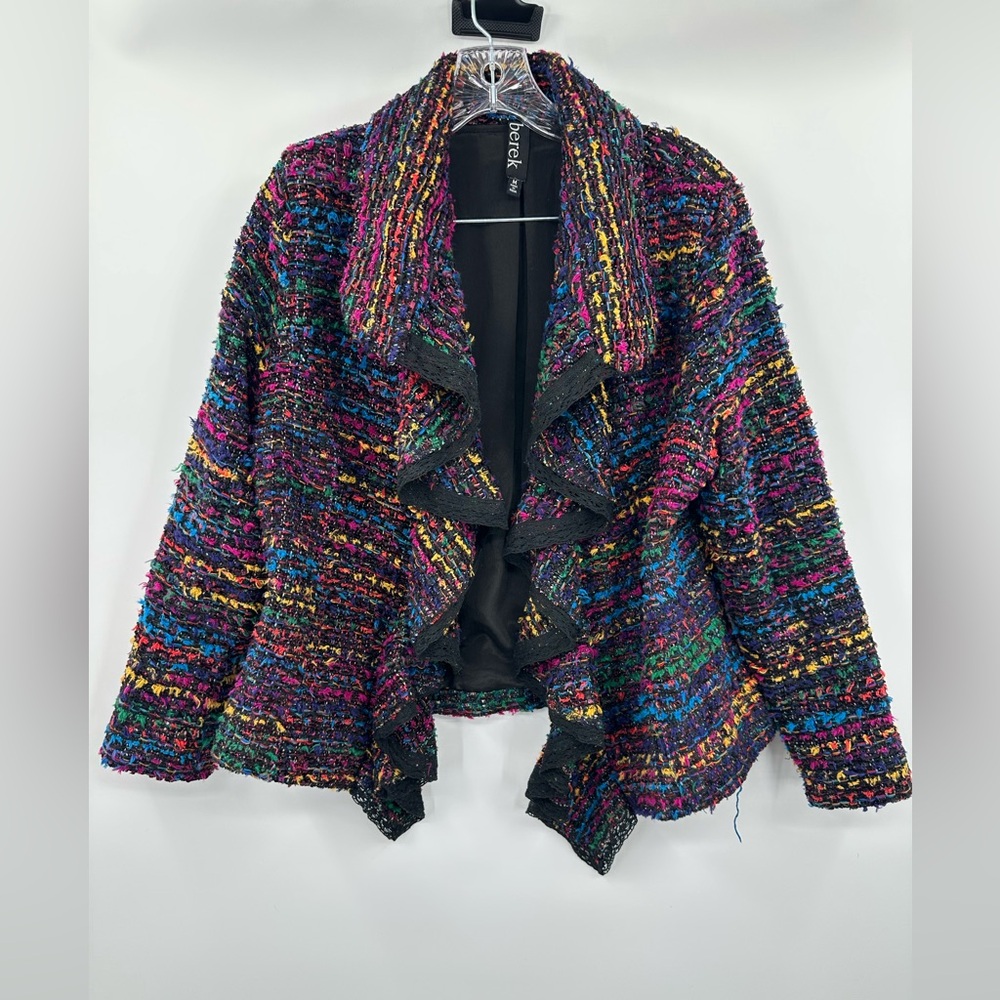 Berek Women's Black/Colorful Rainbow Fringe Tweed Ruffle Front Shawl Blazer Med